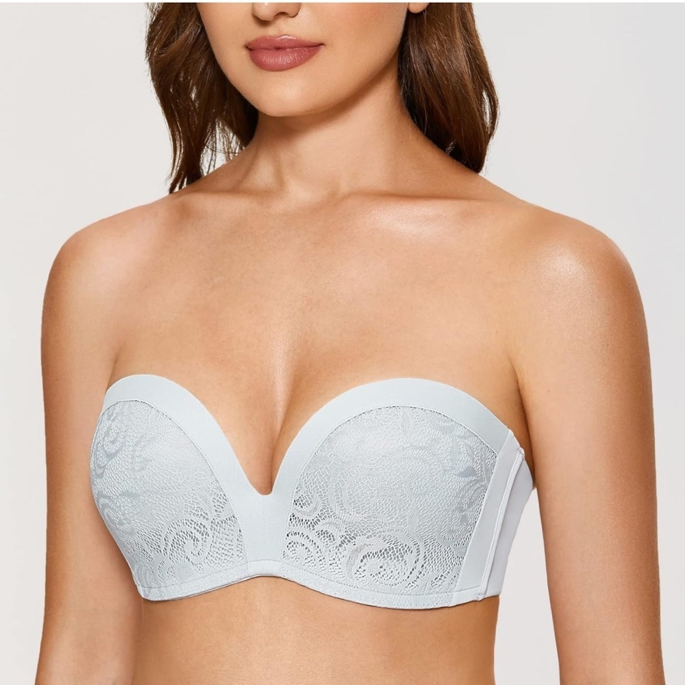 NWT DELIMIRA Womens Strapless Bra Plunge Push Up Lace Slightly Lined Support 38F